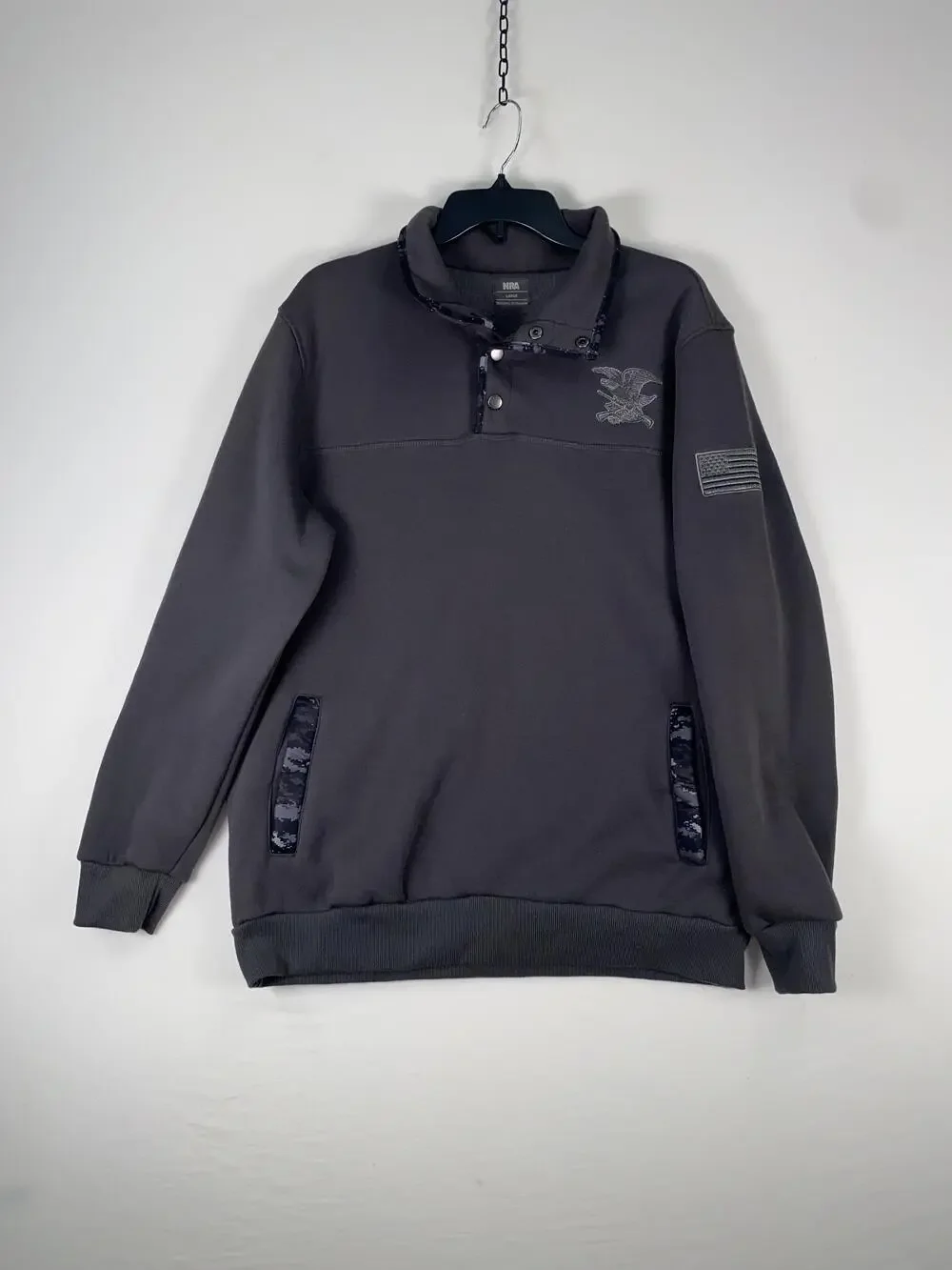 NRA Sweatshirt Mens Large Gray Mock Neck Snap Fleece Flag Eagle Pullover